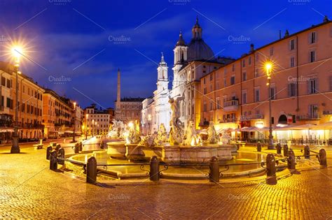 Piazza navona square at night rome italy stock photo containing fountain of | High-Quality ...