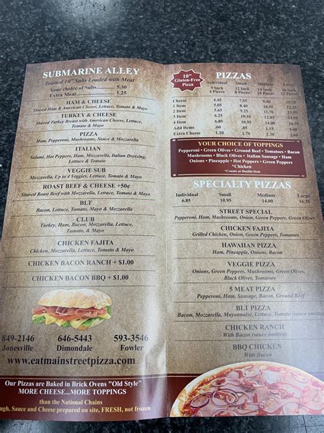 Menu at Main Street Pizza pizzeria, Windsor charter Township