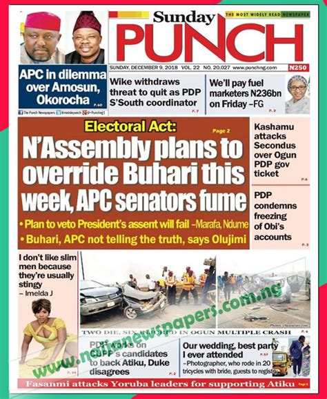 Nigerian Newspapers Front Page Headlines, Sunday 9th December 2018 ...