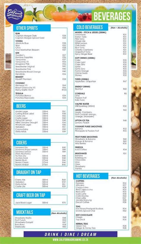 Menu at California Dreaming restaurant, Durban, 150 Marine Parade