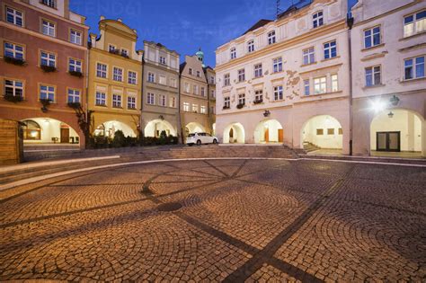 Poland, Lower Silesia, Jelenia Gora, Old Town Square at night, historic city centre stock photo