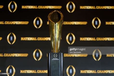 The 2023 CFP National Championship trophy is seen at the head coaches... News Photo - Getty Images