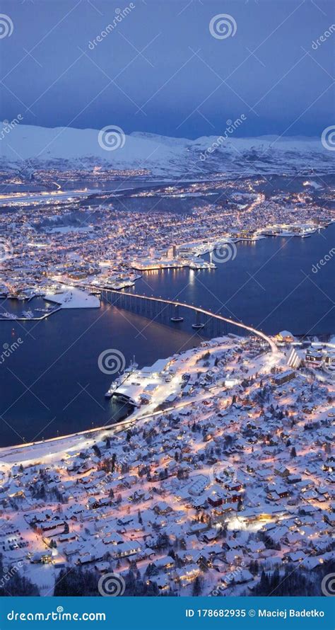 View of Tromso from a Hill at Night - Landmarks Arctic Cathedral and Bridge Stock Image - Image ...