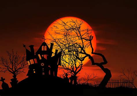 haunted house illustration, moon, night, full moon, gespenstig, mystical, midnight, creepy ...