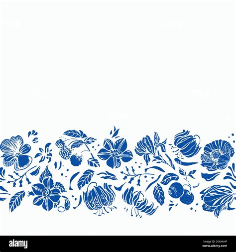 Elegant Classic Porcelain Blue Floral Border. Seamless Vector Floral Background. Classic Vintage ...