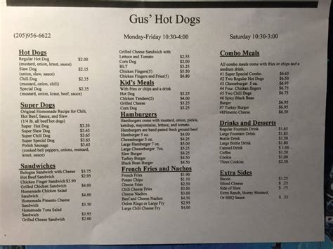 Gus's Hot Dogs menu, Menu restauracji Gus's Hot Dogs, Irondale, Birmingham - Urbanspoon/Zomato