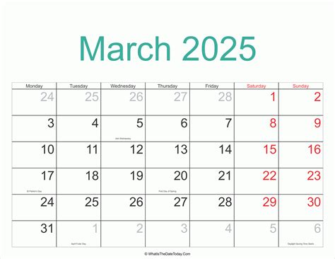 March 2025 Calendar Printable with Holidays | Whatisthedatetoday.Com