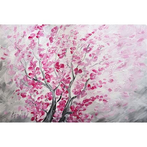 CHERRY Blossom Carried by the Spring Wind PINK White Gray Original Handmade Painting Art by ...