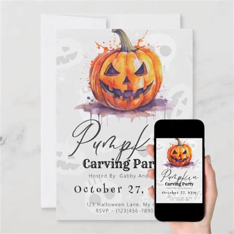 Creepy Jack-O' Lantern Gray Pumpkin Carving Party Invitation | Zazzle