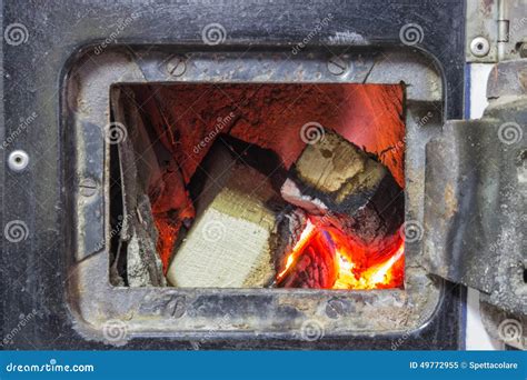 Wood Stove Firebox with Fire and Wood Stock Image - Image of flame ...