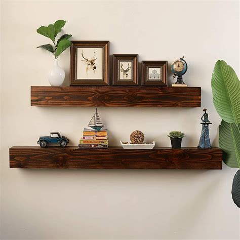 WELLAND 60 - Inch Fireplace Mantel Shelf, Real Wood Floating Wall Shelf, Walnut Color, Pinewood ...