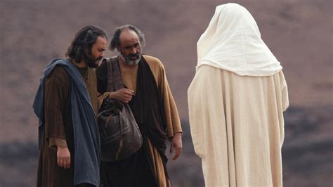 Two Disciples walking on road to Emmaus Jesus appears