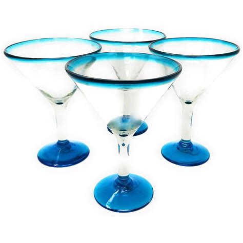 Mexican Hand Blown Modern Margarita Glasses – Set of 4 Aqua Rim ...