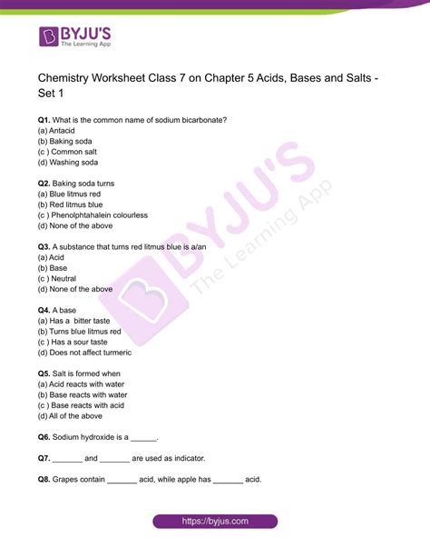 Class 7 Chemistry Worksheet on Chapter 5 Acids, Bases and Salts - Set 1