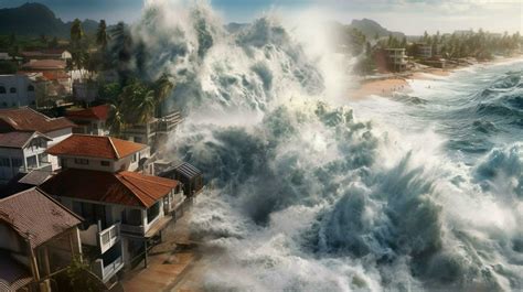 tsunami wave crashes into coastal village destroy 30654638 Stock Photo ...