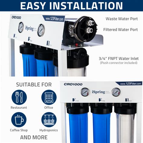 iSpring CRO1000 4-Stage Tankless Commercial Reverse Osmosis Drinking Water Filtration System for ...