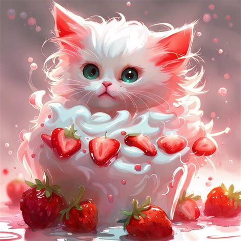 adorable cute baby chibi fluffy furry kitten as a strawberry on ...