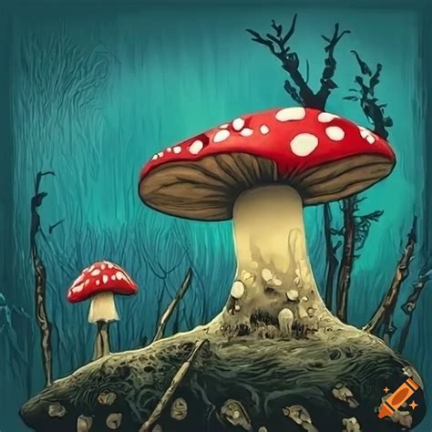 Surreal mushroom landscape artwork on Craiyon