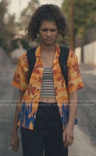 Zendaya Euphoria Outfits - Rue's orange floral and flame print shirt on ...