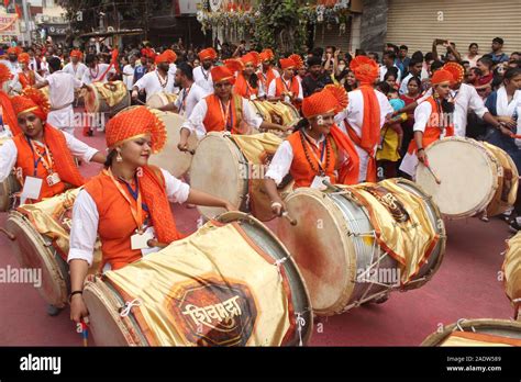 PUNE, MAHARASHTRA, INDIA, September 2019, Youngster with Shivmudra Dhol Tasha Pathak performing ...