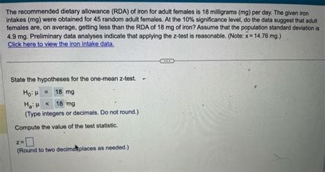 Solved The recommended dietary allowance (RDA) of iron for | Chegg.com