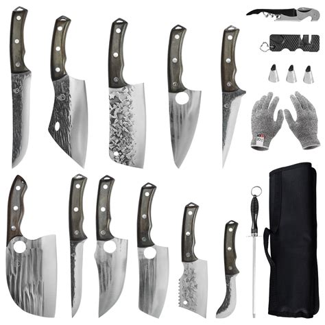 FULLHI 17pcs Butcher Chef Knife Set include sheath High Carbon Steel ...