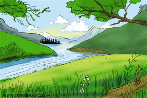 Peaceful Mountain Brook Landscape Cartoon