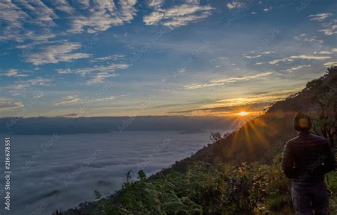 Scenic natural sunlight, sunrise orange, white mist flowed beautifully. Doi Tule at Tak in ...