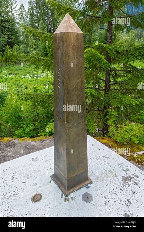 United States, Alaska, Hyder, historic border station, obelisk marks ...