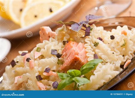 Pasta mafalde with salmon stock image. Image of fried - 10786031