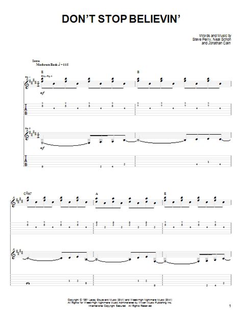 Don't Stop Believin' by Journey Sheet Music for Easy Guitar Tab at Sheet Music Direct