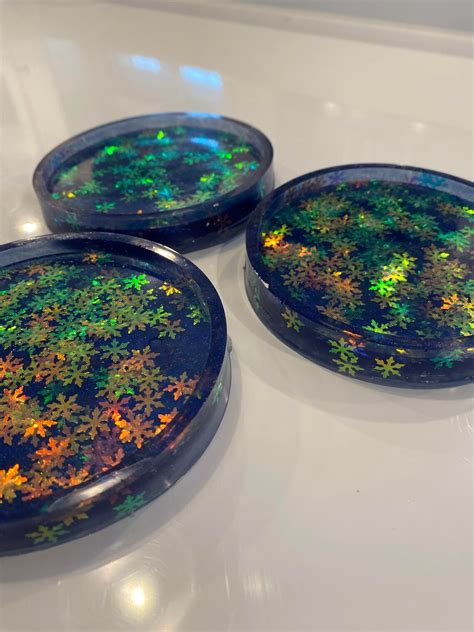 Epoxy resin coasters with iridescent snowflake glitter | Etsy