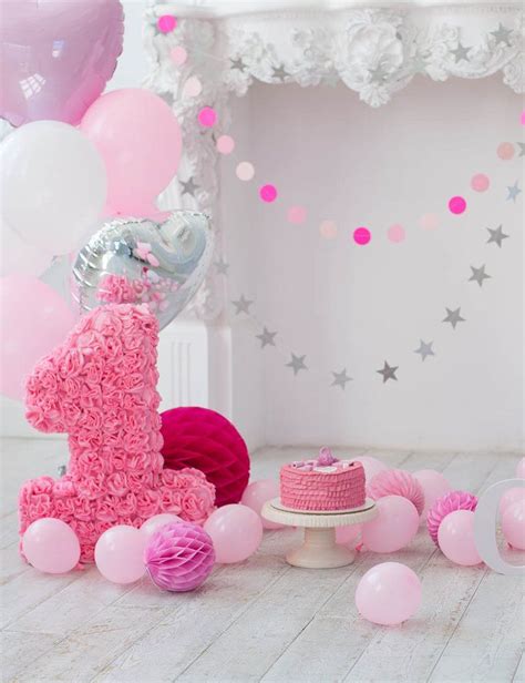 Pink Balloons And Fireplace For Baby 1 Birthday Photo Backdrop | バースデーパーティーのデコレーション, 誕生日の背景 ...