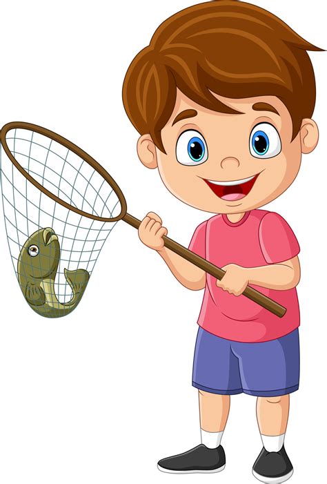 Cartoon little boy catching fish with net 8916552 Vector Art at Vecteezy