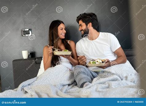 Romantic Happy Couple Having Breakfast in Bed Stock Photo - Image of romance, smiling: 263793304