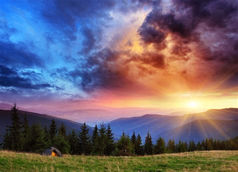 Scenery Mountains Sky Sunrises and sunsets Grass Fir Nature wallpaper ...