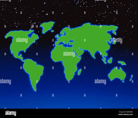 Artwork outline world map of planet earth's land masses against starry night sky Stock Photo - Alamy