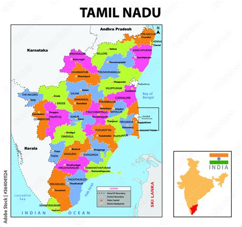 Tamil Nadu map. Political and administrative map of Tamil Nadu with ...