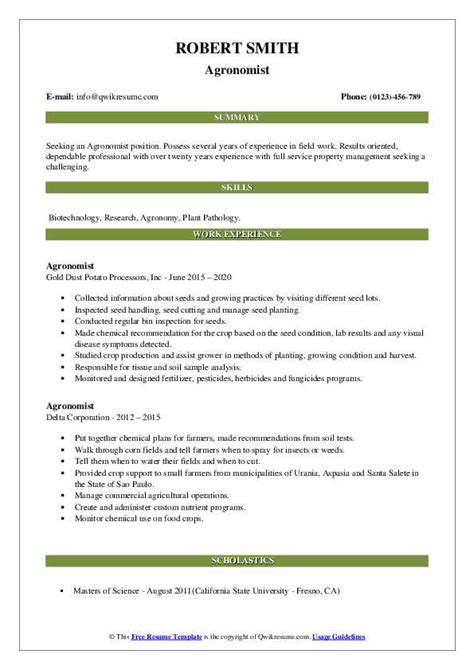 Agronomist Resume Samples | QwikResume