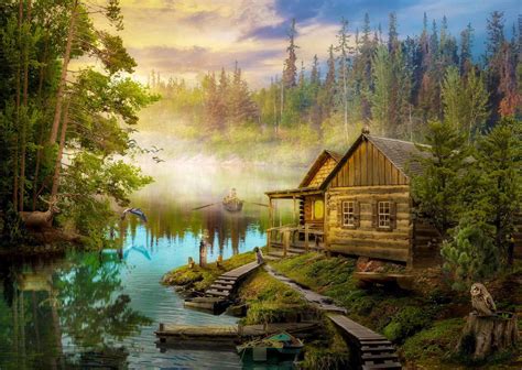 Puzzle A Log Cabin on the River, 1 000 pieces | PuzzleMania.eu