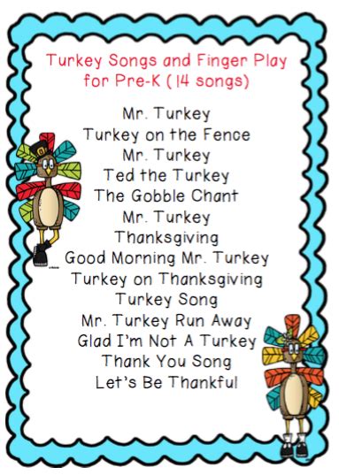 Turkey Songs and Finger Play for Pre-K ~ Preschool Printables