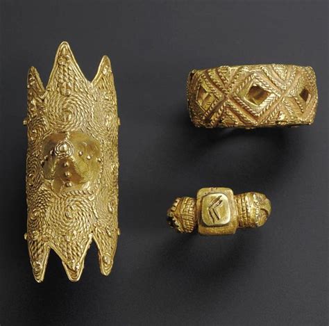 Africa | Three rings from the Asante people | Lost wax casting; the largest with geometric ...