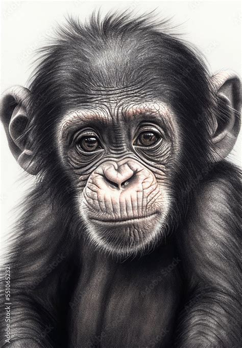 Portrait of a baby chimpanzee, pencil drawing, black and white digital ...