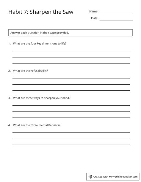 Habit 7: Sharpen the Saw - My Worksheet Maker: Create Your Own Worksheets