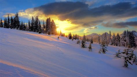 cool snowy hills in the sunset wallpaper | Por do sol, Nascer do sol, Natureza