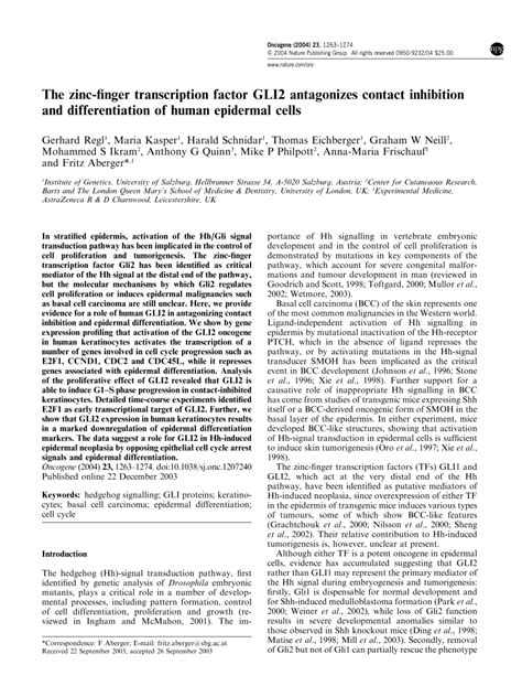 (PDF) The zinc-finger transcription factor GLI2 antagonizes contact inhibition and ...