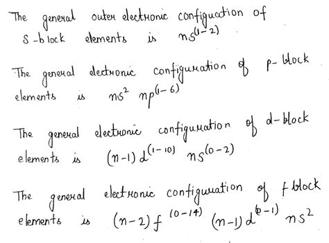 Write the general electronic configuration of s, p, d and f-block elements.