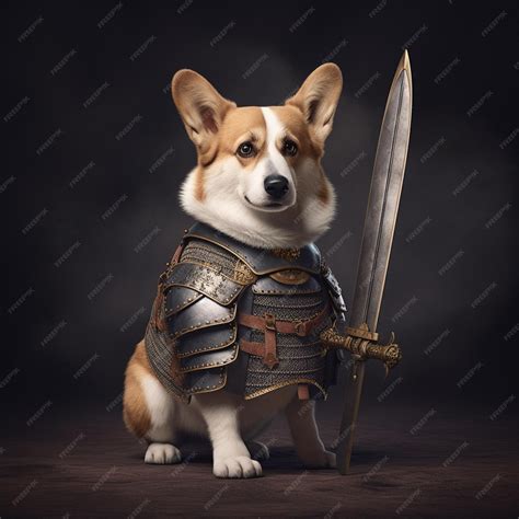 Premium AI Image | A dog wearing a knight armor holds a sword.