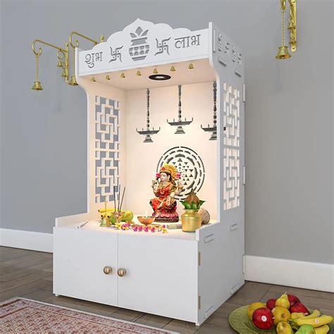 Timeless Wooden Mandir for Home with Spacious Shelf & Inbuilt Focus Light- White - WallMantra