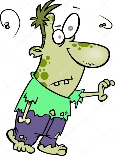 Illustration of a cartoon smelly zombie walking with one hand out, on a white background. ⬇ ...